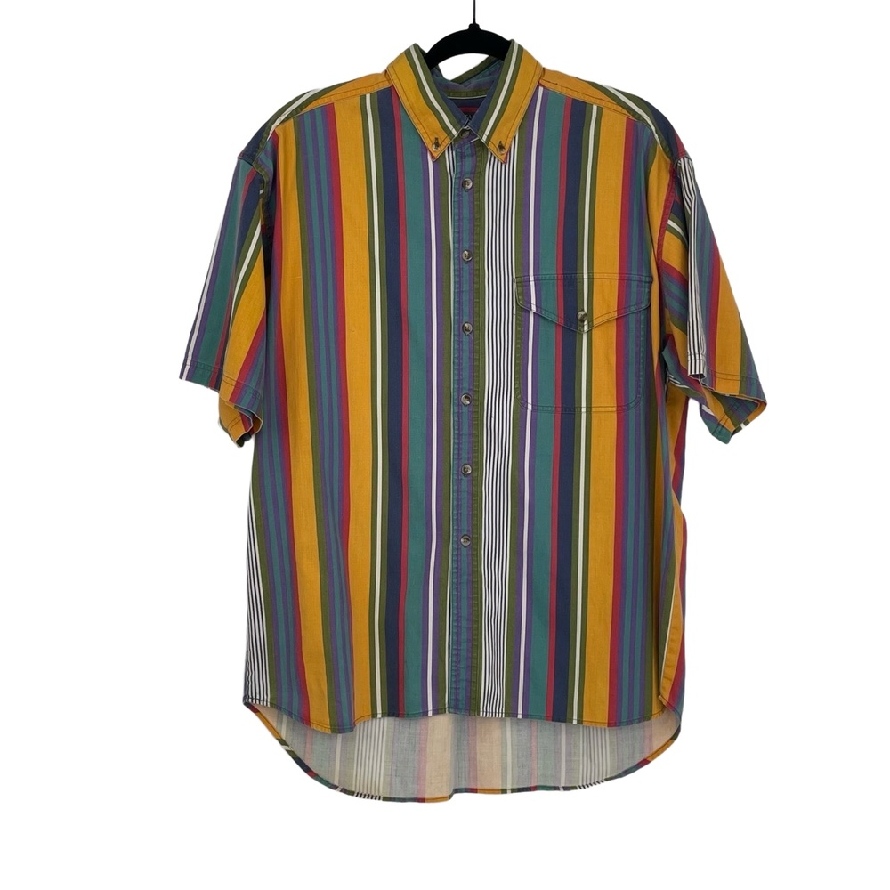 Brittania Mens Retro Gorpcore Multicolor Stripped Button Down Collared Shirt M